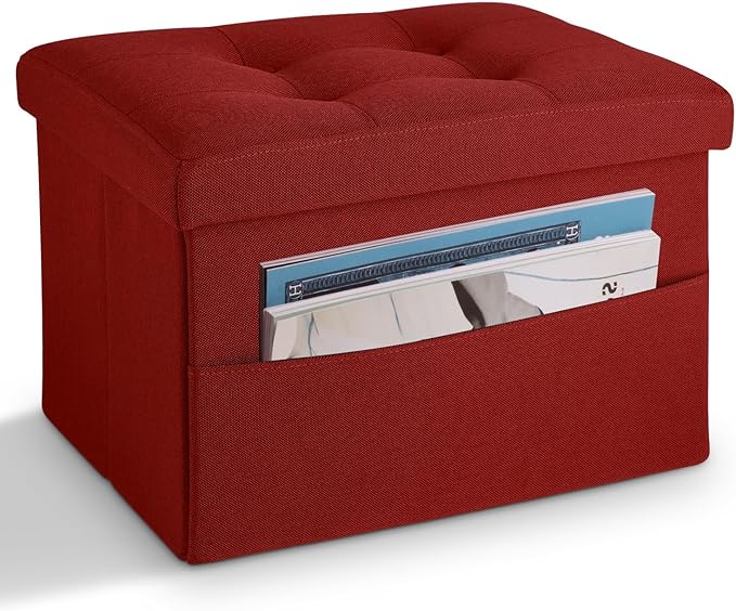 LINMAGCO Storage Ottoman Folding Foot Stool Foot Rest with Side Pocket Modern Ottoman with Storage Short Sofa Stool Linen Cloth 17x13x13(ROSEO)