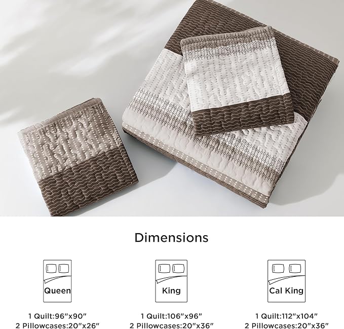 Litanika Quilt Queen Size Brown, Stripe Patchwork Summer Bedspread Coverlet 3 Pieces, Soft Lightweight Microfiber Quilted Bedding Set for All Season(1 Quilt, 2 Pillowcases)
