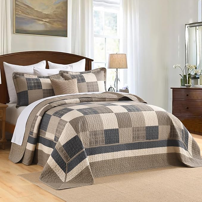 100% Cotton 128"x120" Oversized Quilt Bedspread, Plaid Pattern California King Extra Large Quilt Bedding Set, Reversible Cal King XL Bed Spread Lightweight Comforter, Brown/Beige/Cream, 3Pcs