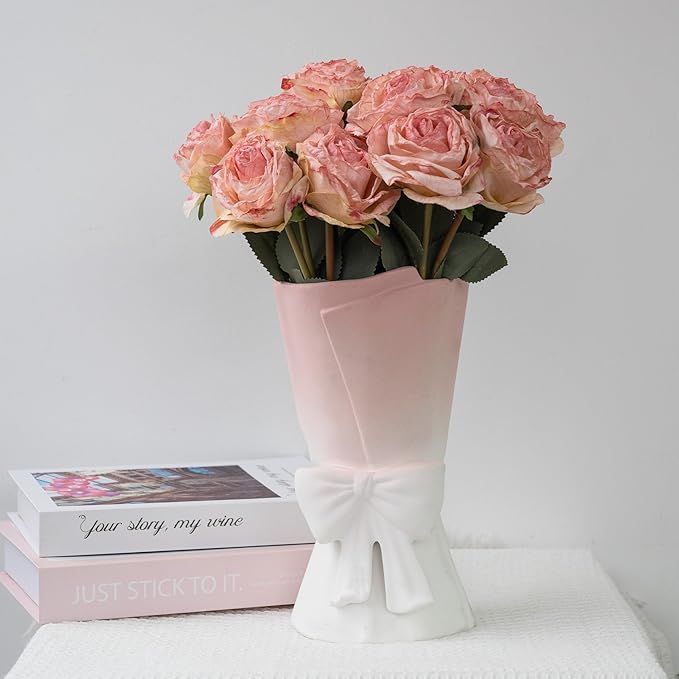 Pink White Ceramic Bow Vase 9.64 in Unique Cute Modern Decorative Bouquet Flower Vases for Home Living Room Table Decor Women Girl Gifts