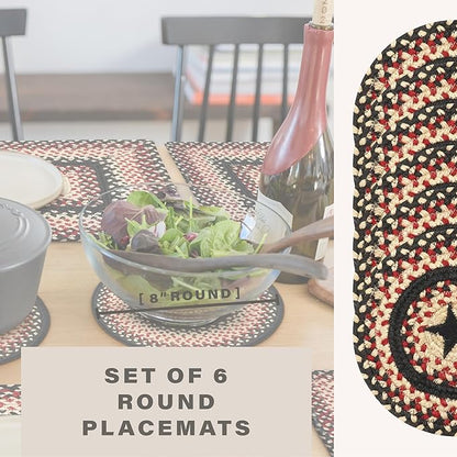 Homespice Primitive Star Gloucester Jute Braided Trivets for Table - Set of 6, Round 8", Black & Red - Rich Colors, Easy to Clean, Durable and Protects Furniture