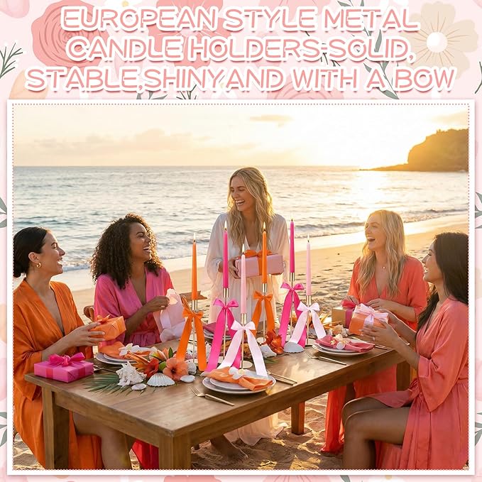 6 Set Pink and Orange Sunset Party Decorations, 6 Candle Holders and 6 Ribbon Bow, Metal Brass Gold Candlestick Holders for Table Wedding Bachelorette Birthday Tequila Sunrise Party Supplies
