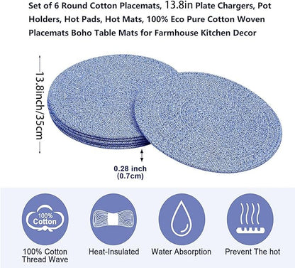 6Pcs Woven Placemats, Mix Blue Cotton Rope Woven Vintage Place Mats, 13.8'' Round Plate Chargers Wicker Tablemats Farmhouse Boho Braided Heat Resistant Outdoor Placemat for Patio Table Decor