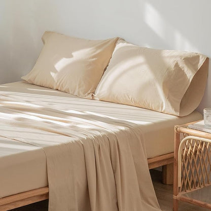 MooMee Bedding Sheet Set 100% Washed Cotton Linen Like Textured Breathable Durable Soft Comfy (Solid Sandy Beige, King)