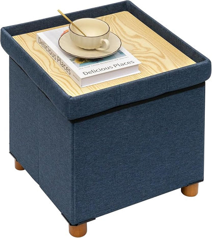 PINPLUS Storage Ottoman Cube, White Linen Footrest with Wooden Legs, Foldable Fabric Footrest, Comfortable Seat with Lid, Ottoman with Storage for Living Room, 15" x 15" x 15"，Blue