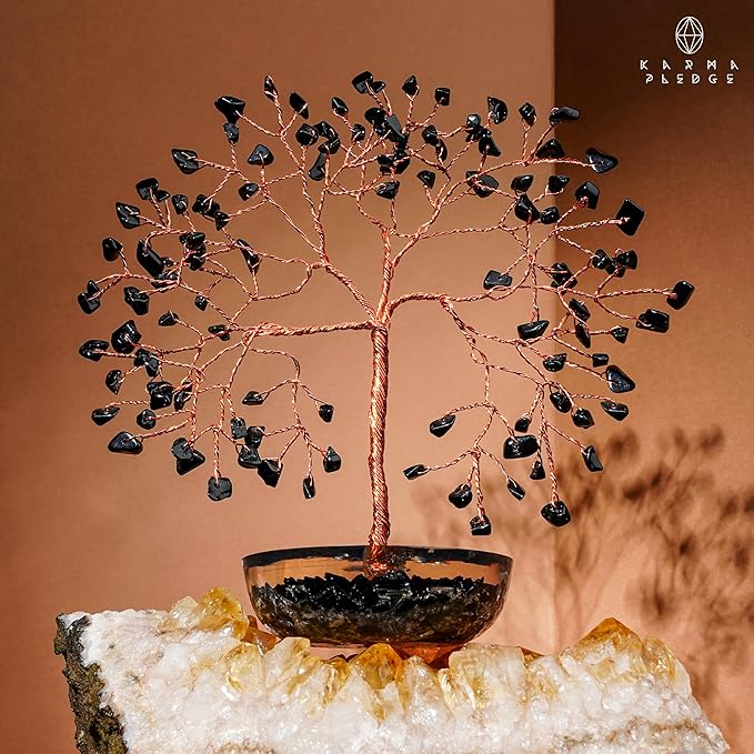 7 Chakra Black Obsidian Crystal Tree of Life Positive Energy & Good Luck, Money, Feng Shui Decor, Home and Office Desk Decoration, Spiritual Gifts for Women, for Dad