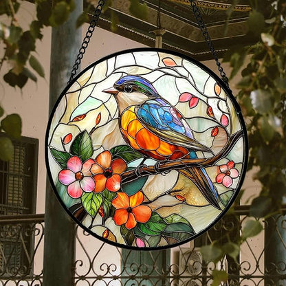 DASTOLL Stained Glass Window Hanging, Blue Bird Pink Flower Suncatcher Diamond Glass Panel Bird Sun Catchers Decor for Birthday for Women, Men, Wife, Aunt, and Mom 14.9x14.9 in