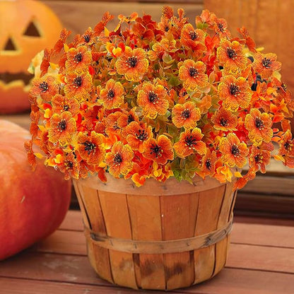 Artificial Fall Flowers for Outdoors,Faux Silk Flowers Fall Decorations,Fake Mums Eucalyptus Plants Christmas Halloween Decor for Outdoor Patio,Window Planter Autumn Fall Decor(10PCS,Orange)