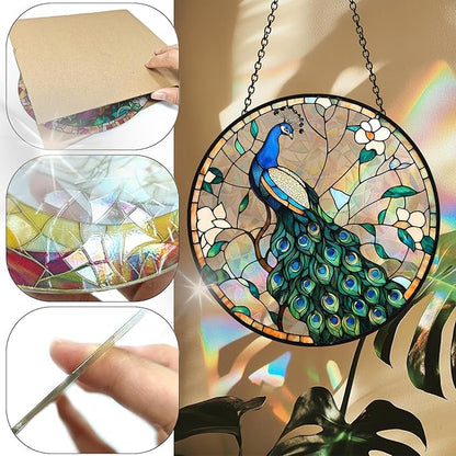 VAIIEYO Peacock Acrylic Sun Catcher Window Hanging Decoration Animal, 7.8 Inch Double-Sided Light Reflecting Ornament for Window, Garden, Porch or Balcony Decor, Housewarming, Gift for Natural Lovers