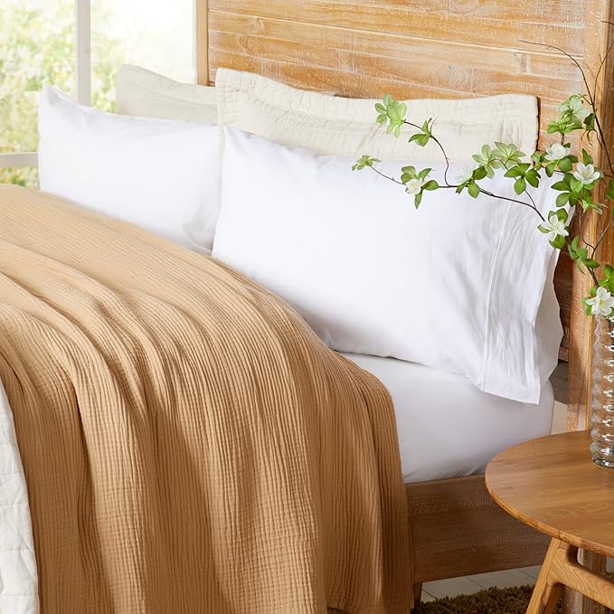 100% Cotton Muslin Full Queen Size Blanket | Soft, Breathable, and Lightweight Bed Blanket for All-Season | Perfect for Layering | Maria Collection (Full/Queen, Beige)