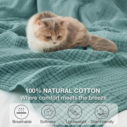 100% Cotton Muslin Blanket Queen 90" x 90", 6 Layers Breathable and Lightweight Cotton Throw Blanket for Bed, Soft Quilt Bedspread Coverlet, Gauze Blanket for Adults All Season, Teal
