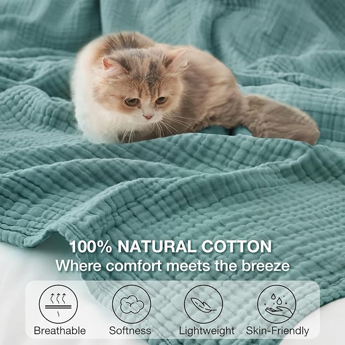 100% Cotton Muslin Blanket Twin XL 66" x 90", Breathable and Cooling Bed Blankets, Soft Boho Bedspread, Gauze Bedding for Adults All Season, Turquoise, Teal