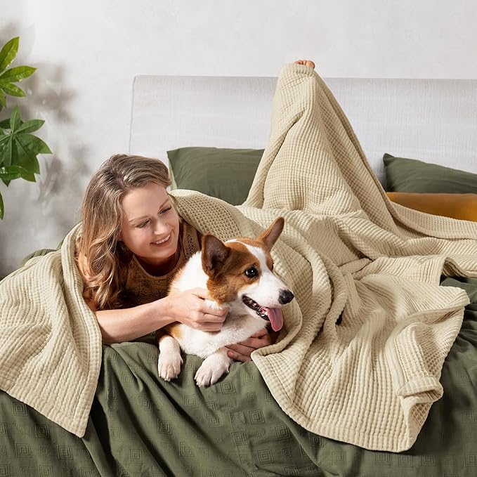 PHF 100% Cotton Waffle & Muslin Blanket King Size, Soft Breathable Luxury 400GSM Versatile Reversible Bedding for Bed, Great for Layering in Cold Weather, Home Decor Gift, 104" x 90", French Oak