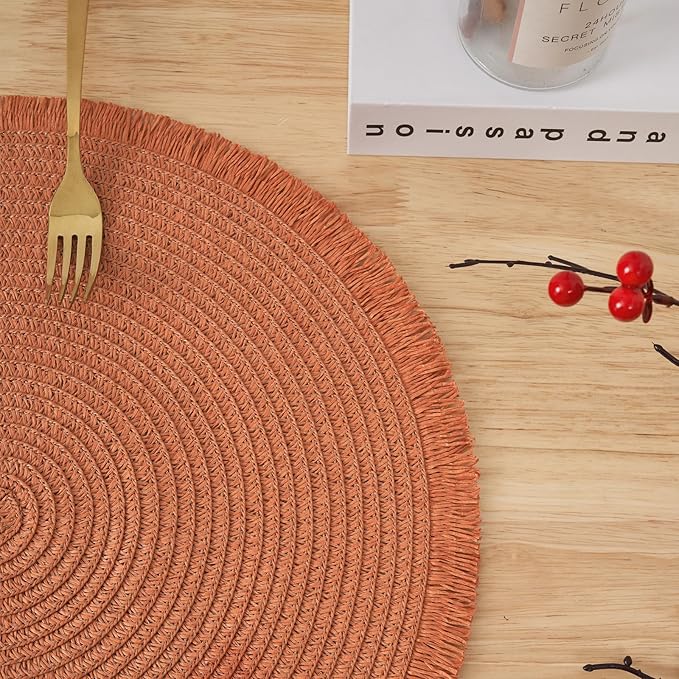 15 Inch Set of 6 Round Woven Placemats Braided Paper Heat Resistant Table Mats with Tassel Boho Indoor Outdoor Table Placemats for Dining Tables Tangerine Red