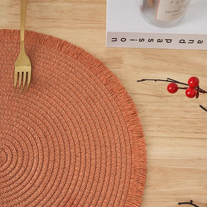 15 Inch Set of 6 Round Woven Placemats Braided Paper Heat Resistant Table Mats with Tassel Boho Indoor Outdoor Table Placemats for Dining Tables Tangerine Red
