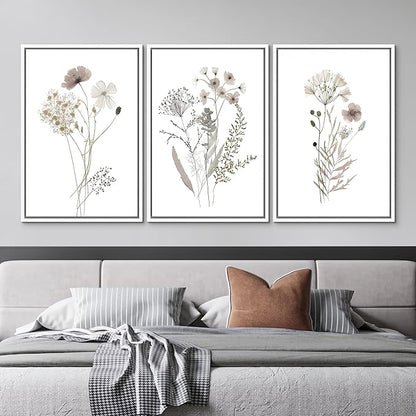MUDECOR Framed Canvas Print Wall Art Watercolor Wildflower Art Print, Floral Botanical Prints, Minimalist Art, Modern Farmhouse for Bedroom - 24"x36"x3 White