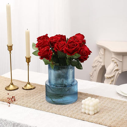 Blue Glass Vase, Ribbed Glass Vase for Tulips, Flower Vases for Bouquet, Blue Modern Vases for Living Room, Dining Table, Entryway, Mantle, Shelf, Wedding, Office, 7.5 Inches