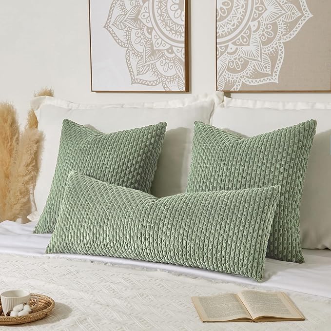 Kevin Textile Spring 14x36 Inch Long Lumbar 1 Pack Boho Decorative Throw Pillow Cover Soft Striped Corduroy Rectangle Cushion Case Farmhouse Solid Accent for Living Room Couch Sofa Bed, Sage Green