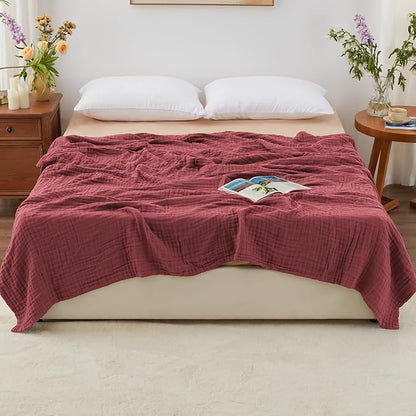 Love's cabin 6 Layer 100% Cotton Muslin Blanket, 90"x90" Muslin Blanket Queen for Couch Bed, Lightweight and Breathable Cotton Gauze for Adult, Wine Red