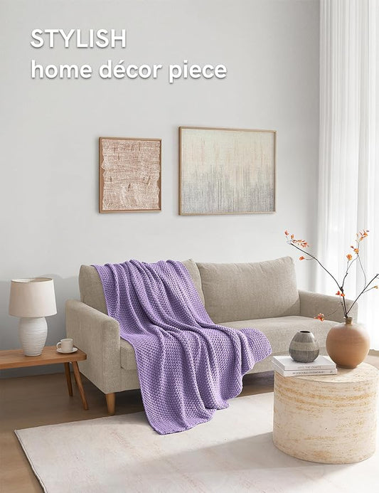 YnM Chunky Cotton Knit Throw Blanket, Cable Knit Throws for Bed Couch Sofa, Comfy & Relaxing, Decorative Piece for Farmhouse Modern Boho Rustic Scandinavian Chic Vibe, Lilac Purple 50x60 Inches