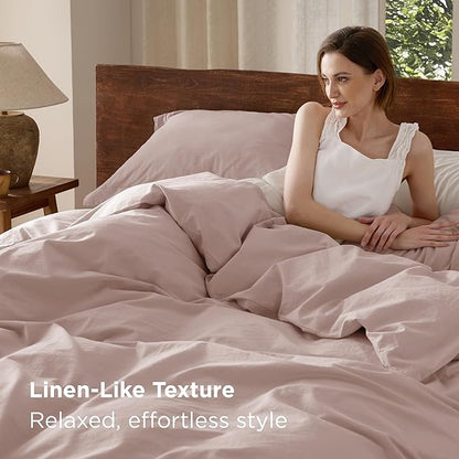 Bedsure 100% Washed Cotton Duvet Cover Queen Size - Petal Pink Minimalist Cotton Duvet Cover Linen Like for All Seasons - GentleSoft™ Plain Simple Bedding (Petal Pink, Queen, 90"x90")