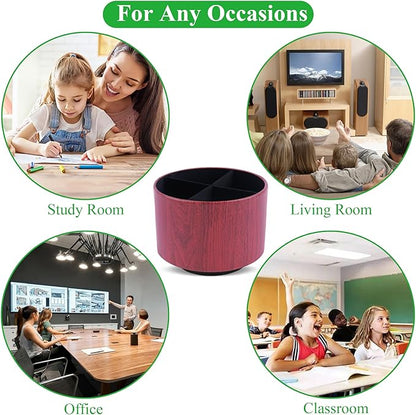 Round Leather Art Supply Organizer,Remote Control Holder,360 Degree Spinning,Multi-Functional Pencil Holder,4 Compartments Desktop Stationary Organizer(1-Thin Wood Red Brown)
