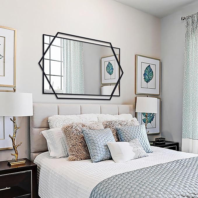 Black Decorative Mirror for Wall Decor, 32"x47" Modern Large Living Room Mirror with Hexagon and Rectangular Metal Frame for Bathroom, Entrance, Bedroom, Dining Room