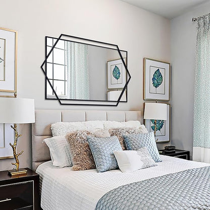 Black Decorative Mirror for Wall Decor, 32"x47" Modern Large Living Room Mirror with Hexagon and Rectangular Metal Frame for Bathroom, Entrance, Bedroom, Dining Room