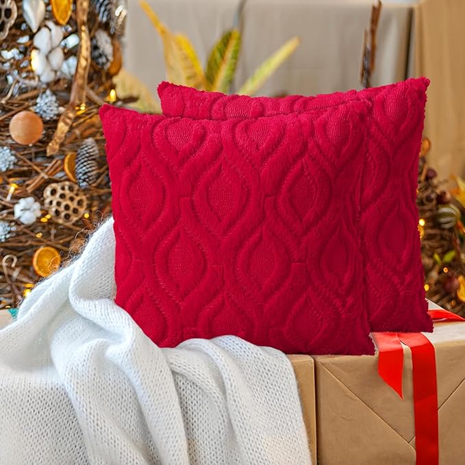 decorUhome Throw Pillow Covers 12x20 Inch Set of 2, Soft Plush Faux Wool Red Solid Couch Pillow Covers, Accent Farmhouse Neutral Square Pillow Cases for Sofa Bed Living Room