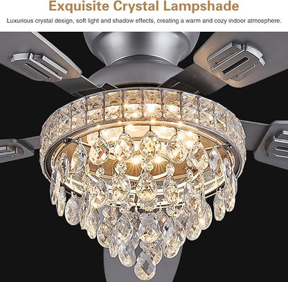 Crystal Ceiling Fan Fandelier with Lights-Ceiling Fans with Lights,50" Low Profile and Remote Control, Flush Mount, Reversible, Dimmable, Noiseless, Sliver Ceiling Fan for Bedroom