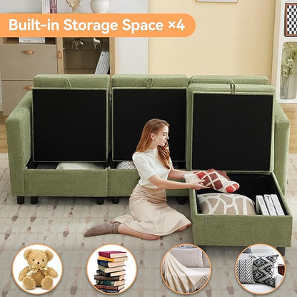 83”L-Shaped Modular Sectional Sofa with Storage & Movable Ottoman, Convertible 4-Seat Reversible Chaise Chenille Couch for Living Room, Soft Green Fabric, Modern Design
