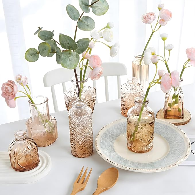 Vintage Gradient Amber Glass Bud Vase in Bulk 12, Rustic Small Flower Vases Set for Table, Mantel, Centerpieces, Wedding, Decorative Embossed Mini Vase Bottles for Home, Party, Baby Shower