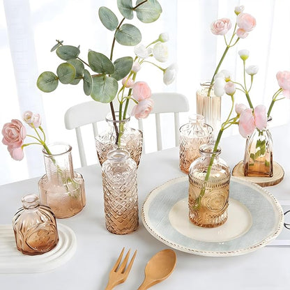 Vintage Gradient Amber Glass Bud Vase in Bulk 12, Rustic Small Flower Vases Set for Table, Mantel, Centerpieces, Wedding, Decorative Embossed Mini Vase Bottles for Home, Party, Baby Shower