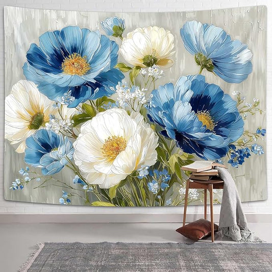 DYNH Blue White Floral Tapestry,Natural Aesthetics Elegant Tapestrie,Modern Flower Painting Wall Hanging,Watercolor Aesthetic Art Decor for Bedroom Living Room Dorm,60X40 In