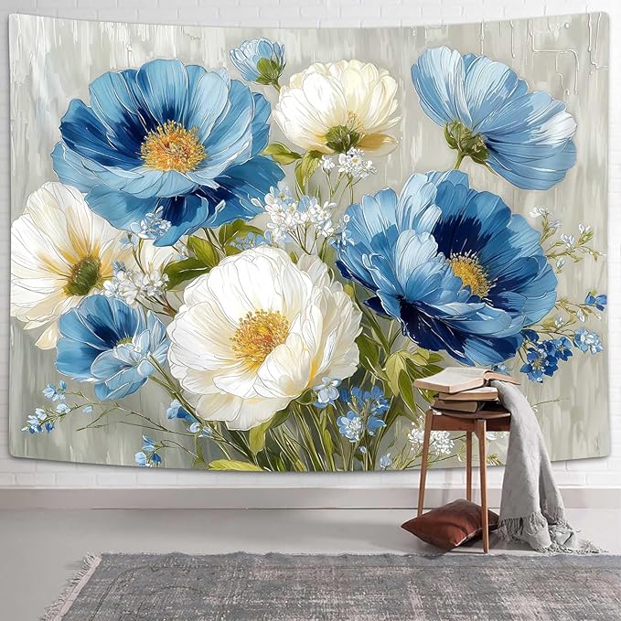 DYNH Blue White Floral Tapestry,Natural Aesthetics Elegant Tapestrie,Modern Flower Painting Wall Hanging,Watercolor Aesthetic Art Decor for Bedroom Living Room Dorm,80X60In