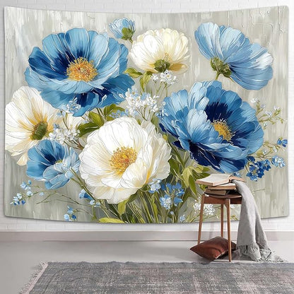 DYNH Blue White Floral Tapestry,Natural Aesthetics Elegant Tapestrie,Modern Flower Painting Wall Hanging,Watercolor Aesthetic Art Decor for Bedroom Living Room Dorm,80X60In