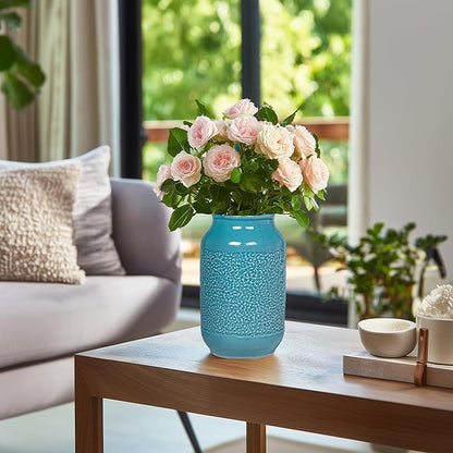 9 Inch Blue Ceramic Vase for Flowers - Textured Teal Cylinder Vase for Table Centerpieces, Modern Boho Vases Home Decor, Living Room, Kitchen Decor
