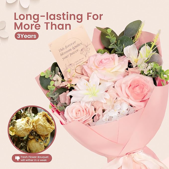 TINGE TIME Preserved Flowers Bouquet, Pink Faux Rose Bouquets, Artificial Flowers, Romantic Faux Flowers, for Valentine Centerpiece Table Home Mother 's Day Holiday Party