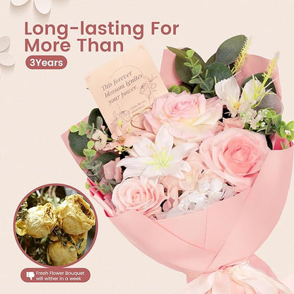 TINGE TIME Preserved Flowers Bouquet, Pink Faux Rose Bouquets, Artificial Flowers, Romantic Faux Flowers, for Valentine Centerpiece Table Home Mother 's Day Holiday Party