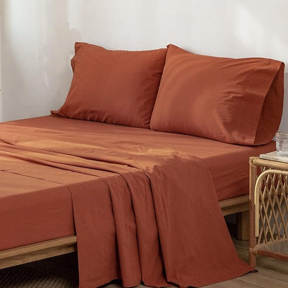 MooMee Bedding Sheet Set 100% Washed Cotton Linen Like Textured Breathable Durable Soft Comfy (Solid Rust Brown, King)