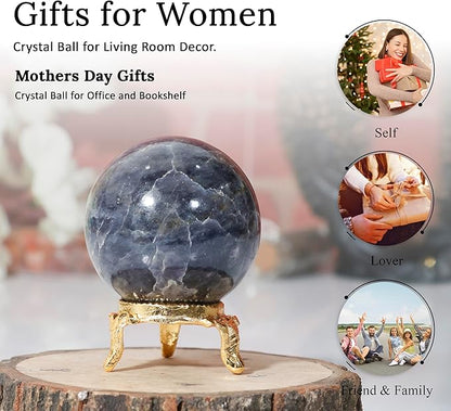 Crocon 45mm Iolite Stone Sphere Ball with Metal Stand 1400+ Carats Gemstone Ball Healing Sphere Sculpture Figurine for Fengshui Divination Home Decoration Photography Crystal Sphere