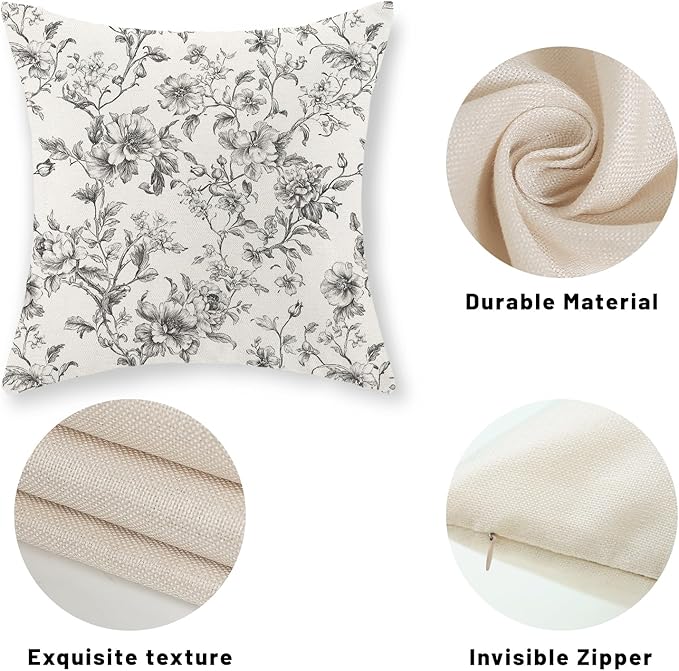 Black and Cream Pillow Covers 20x20 Set of 2 Vintage Floral Chinoiserie Throw Pillows Rustic Toile Flower Decorative Pillow Cases Outdoor Chinoiserie Decor Linen Cushion Case for Couch Sofa