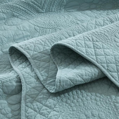 MarCielo 100% Cotton Quilt Set - 3-Piece Embroidered Farmhouse Bedspread & Shams, All-Season Breathable Bedding (Tf Aruba Blue, King)