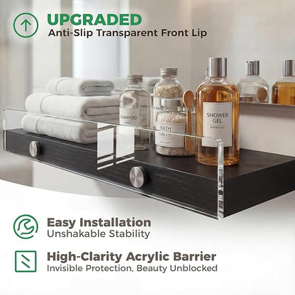 3 Pack Wooden Floating Shelves for Wall with Acrylic Front Lip, 15.7 IN Wall Mounted Rustic Style Shelves for Bathroom, Bedroom, Living Room, Kitchen, Hanging Shelves, Black