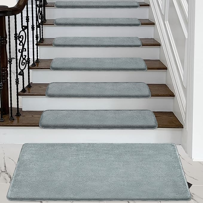 PURE ERA Carpet Stair Tread Landing Mat Area Rug Ultra Plush Shag Soft Non Slip Skid Resistant Tape Free Indoor Doormat Washable Reusable Greenish Gray 2' X 3'