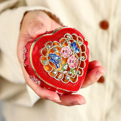 YU FENG 2.5inch Vintage Heart Trinket Box Small Hinged Trinket Boxes Red Jewelry Trinket Box Jeweled Ring Box Gift for Girl Women Christmas Gift