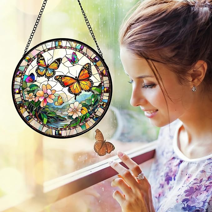 DASTOLL Stained Glass Window Hanging, Butterflies Flying in The Sky Suncatcher for Doors Home Sun Catchers Decoration and Christmas, Mother's Day Birthday Gifts for Women, Men, and Mom 11.8x11.8 in