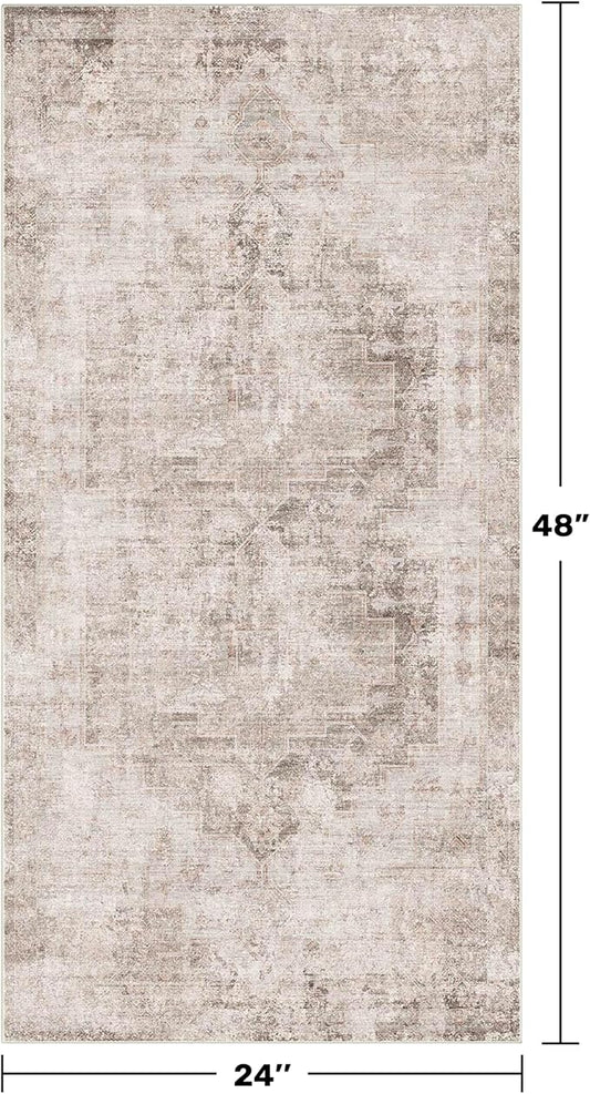 Light Brown 2x4 Runner Rug for Entryway Indoor, Kitchen Floor Waterproof, Bathroom, Powder Room, Washable Non Slip Low Pile Stain & Fade Resistant, Modern Eclectic Tan Décor