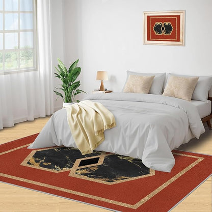 Abstract Marble Area Rugs Golden Hexagon Geometric Rug Vintage Red Marble Carpet European Medieval Geometry Carpet Mat for Bedroom Living Room 7x9ft
