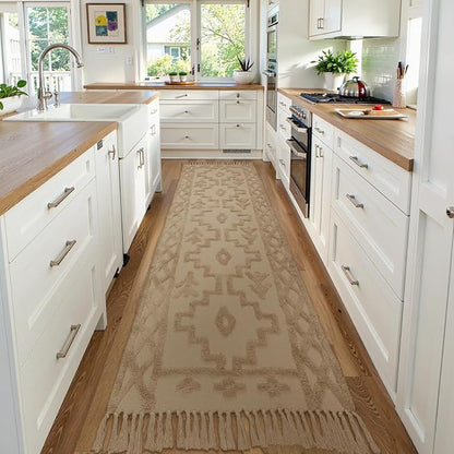 Uphome Boho Runners for Hallways 2.6' x 10', Washable Farmhouse Entryway Runner Rug, Cotton Tufted Bedroom Runner Rugs, Bohemian Tribal Aesthetic Rug for Kitchen Doorway Bathroom Living Room, Khaki